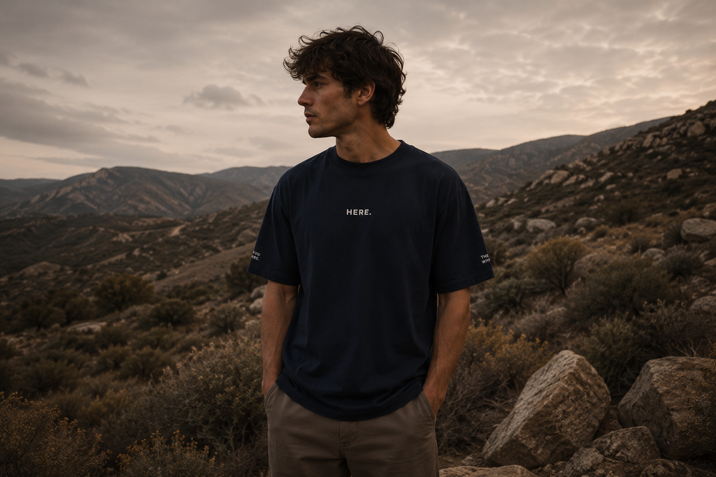 Man standing in a desert landscape wearing a black t-shirt with 'HERE' printed on it.