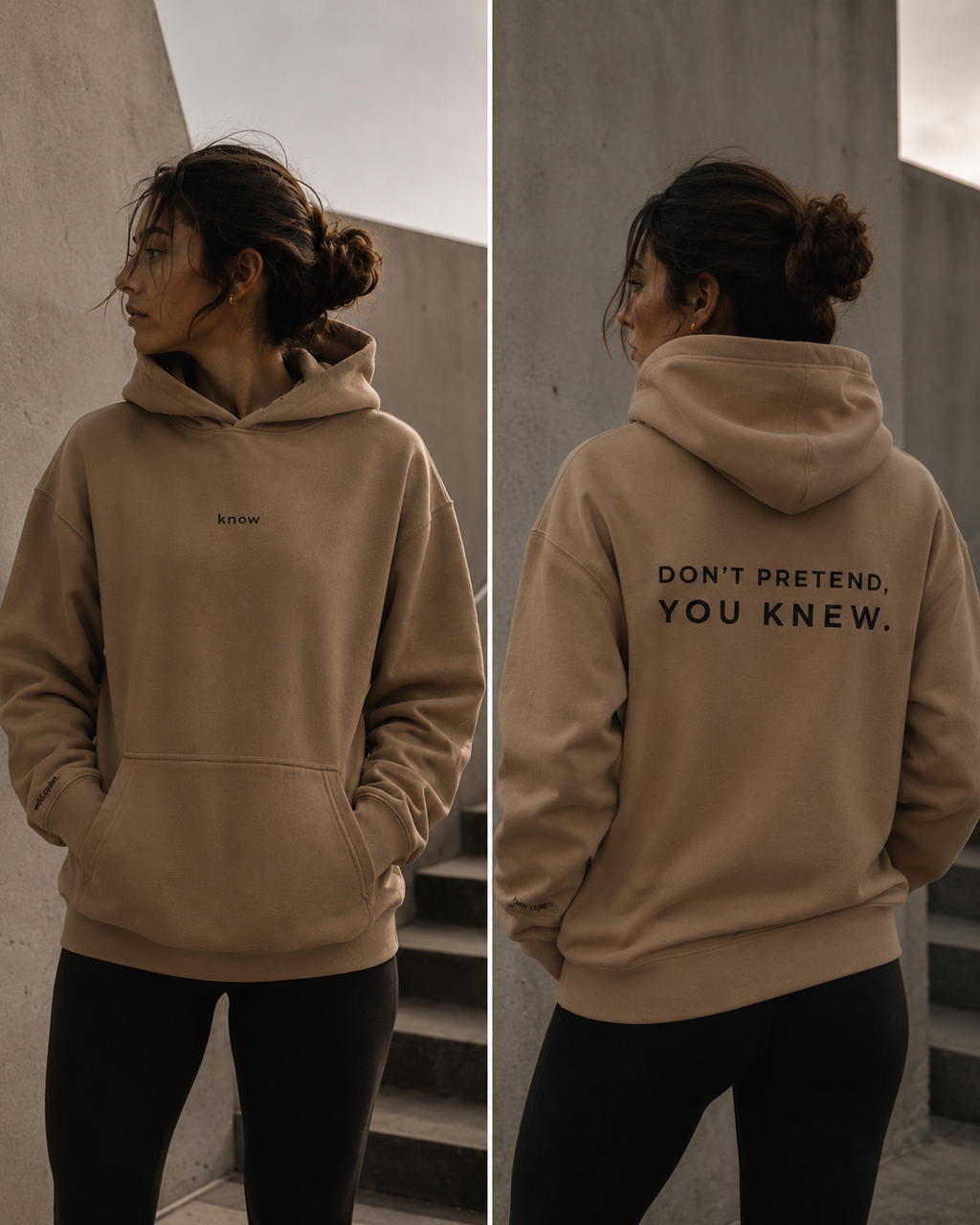 Person wearing a beige hoodie with text on the front and back, standing against a concrete wall.