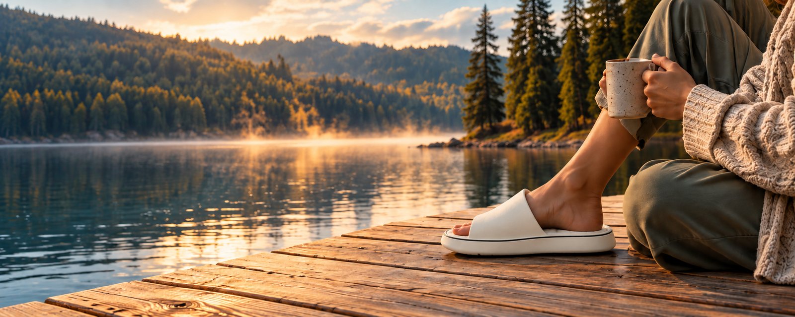 Sunrise over a calm lake, coffee cup and notebook on a wooden table