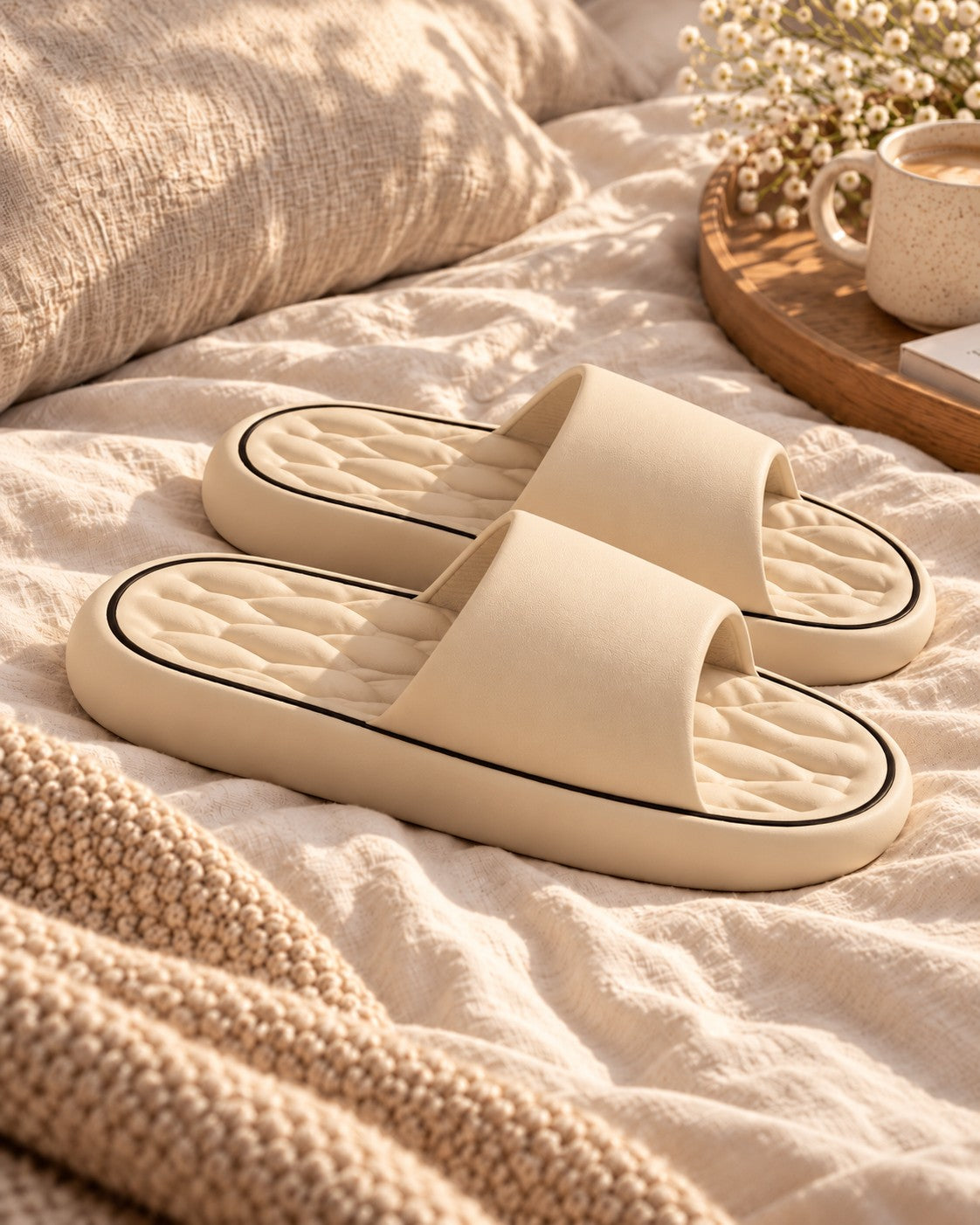 The Cloud Slide — cream cushioned slides on warm beige stone