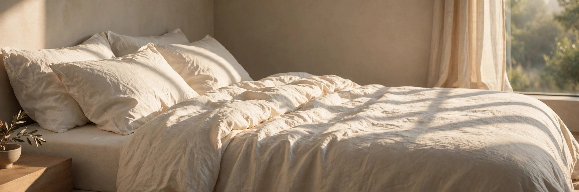 Sunlit bed with cream linen bedding