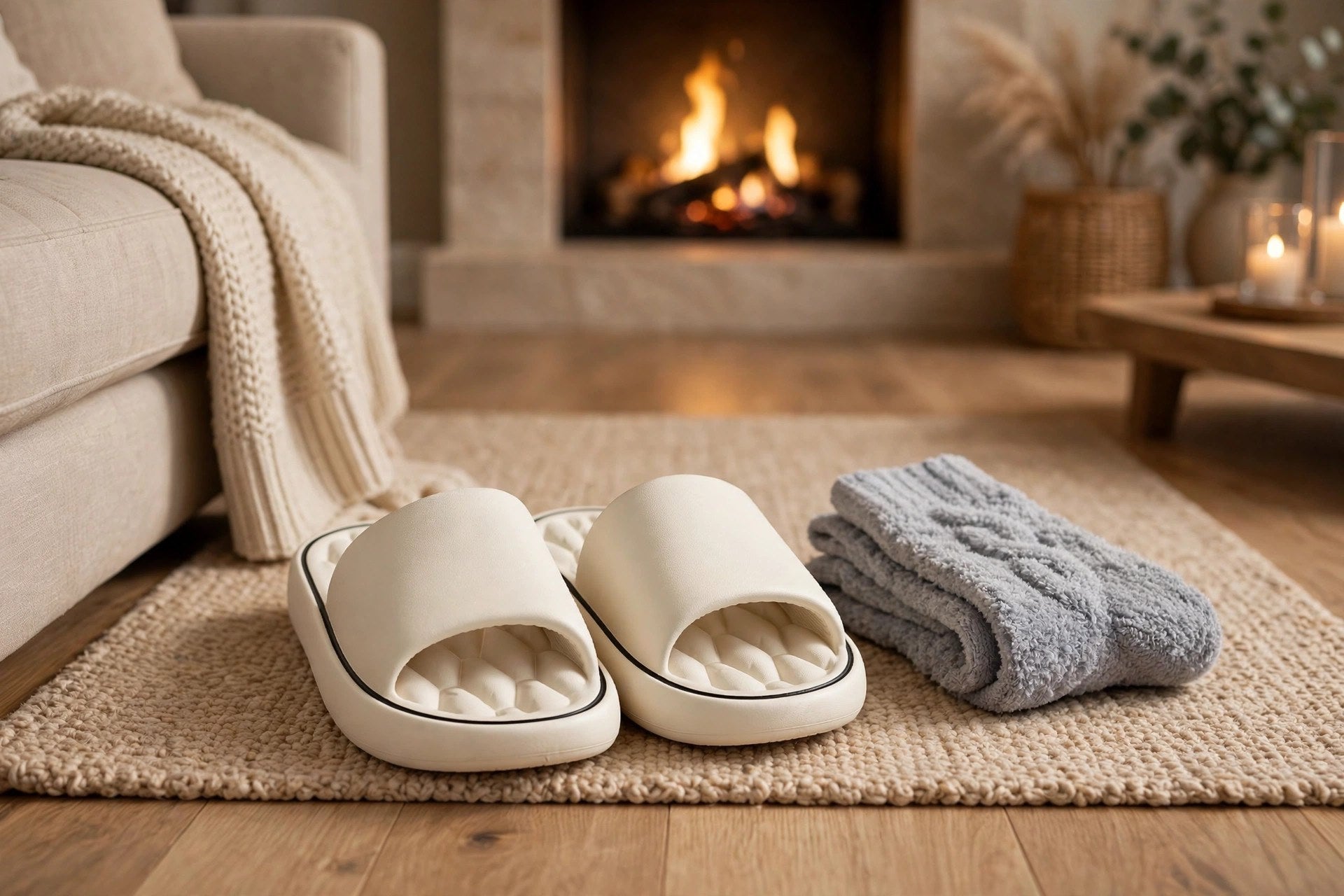 Slides and cozy socks by the fireplace in a cozy living room