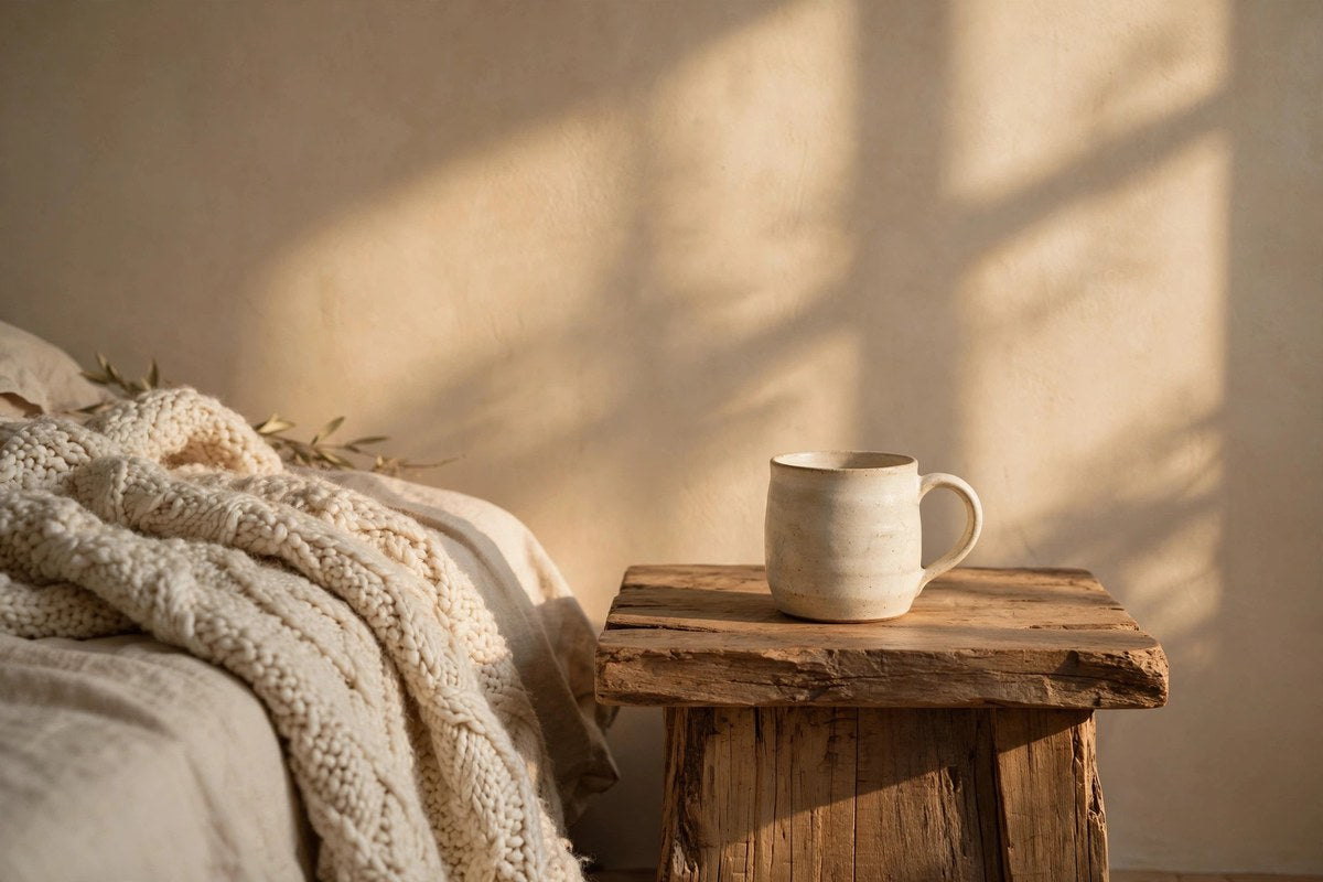 Ceramic mug on a wooden bedside table in warm sunlight